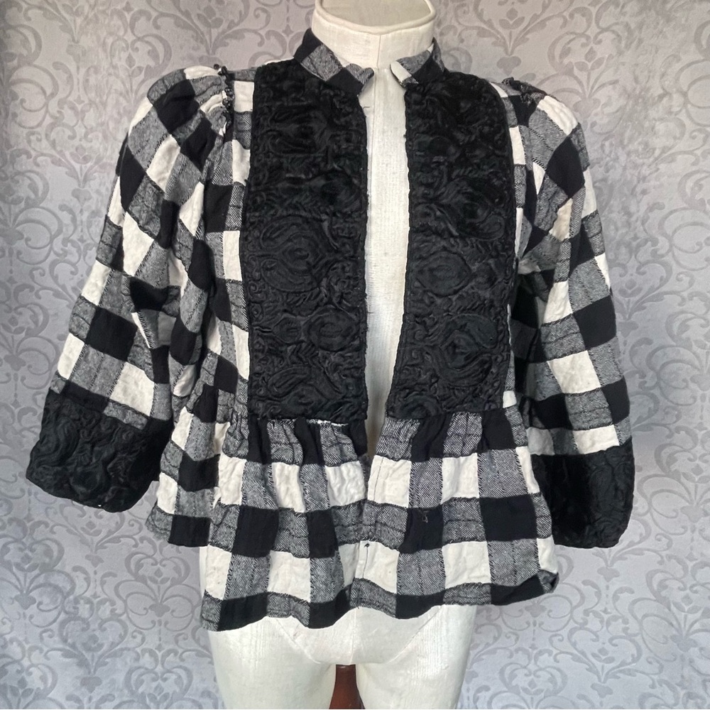 Vintage Black & White Checkered Buffalo Peplum Jacket Puff Sleeves Textured Sz S